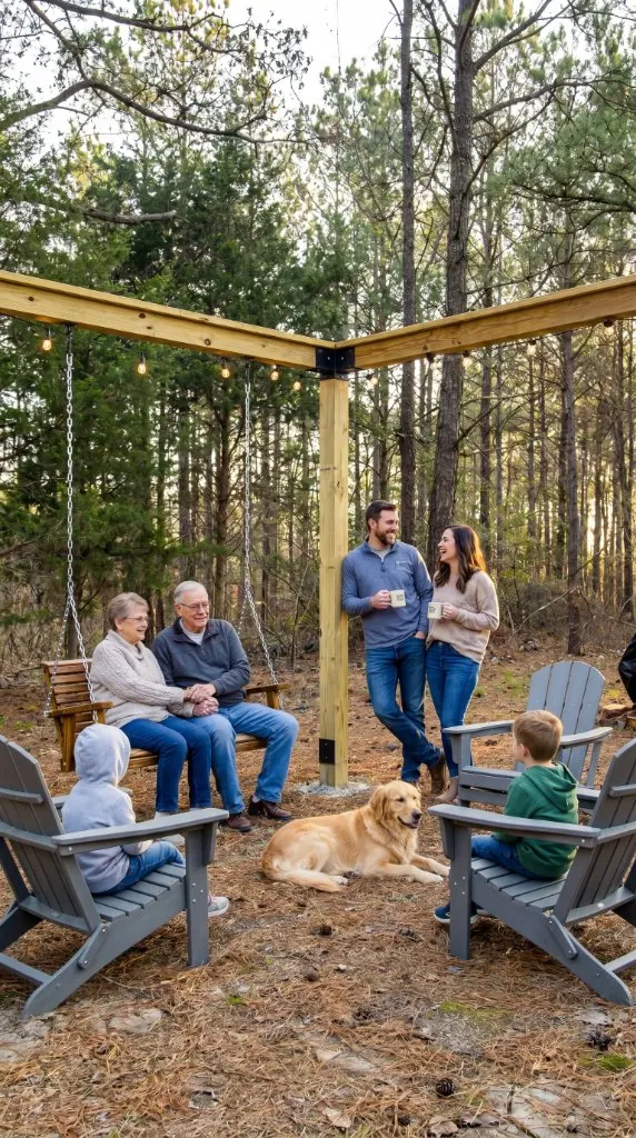 Family with a dog on the pergola swings at golden hour