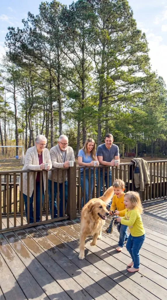Family and golden retriever relaxing on the rear deck