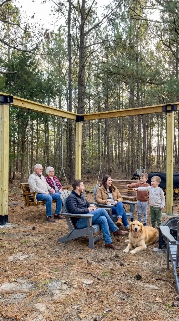 Family gathered at the pergola during a daytime cookout