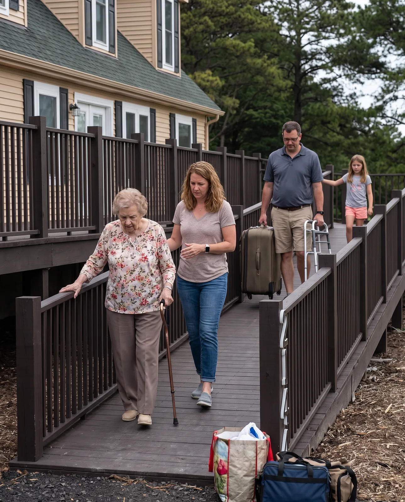 Walking up the step-free ramp from the parking area