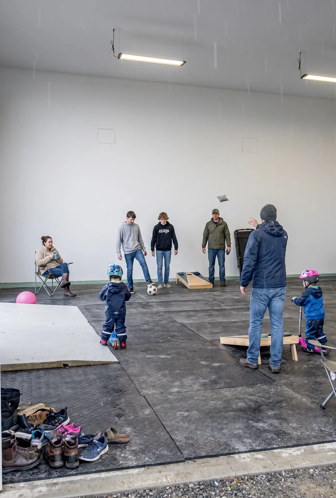 Cornhole in the Flex Barn on a wet afternoon