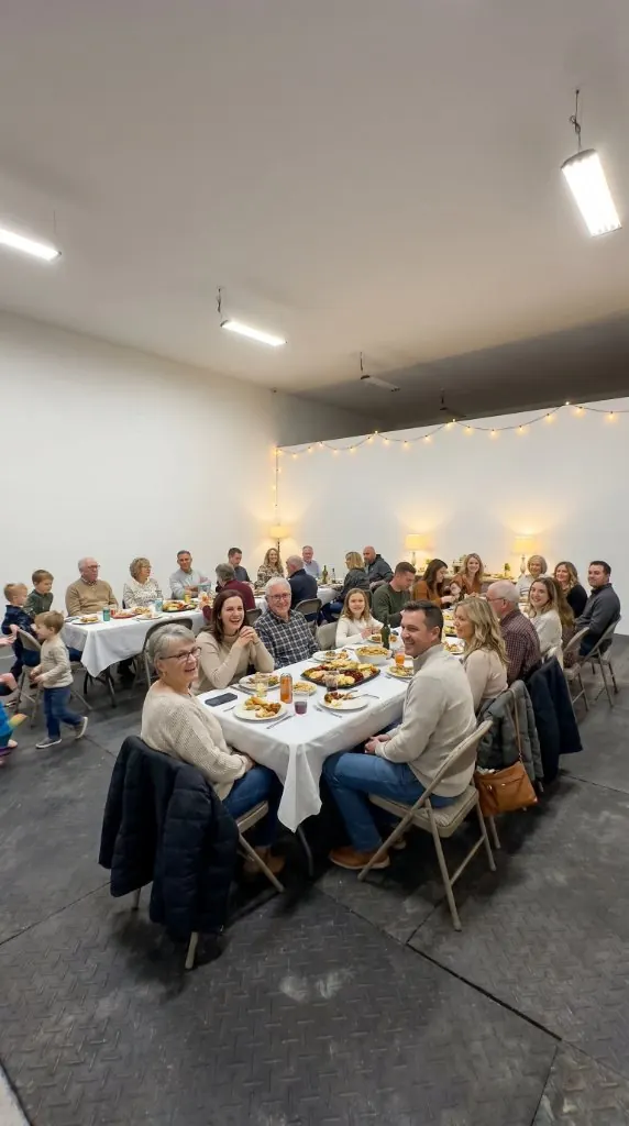 Large family reunion dinner for 20 in the Flex Barn under string lights