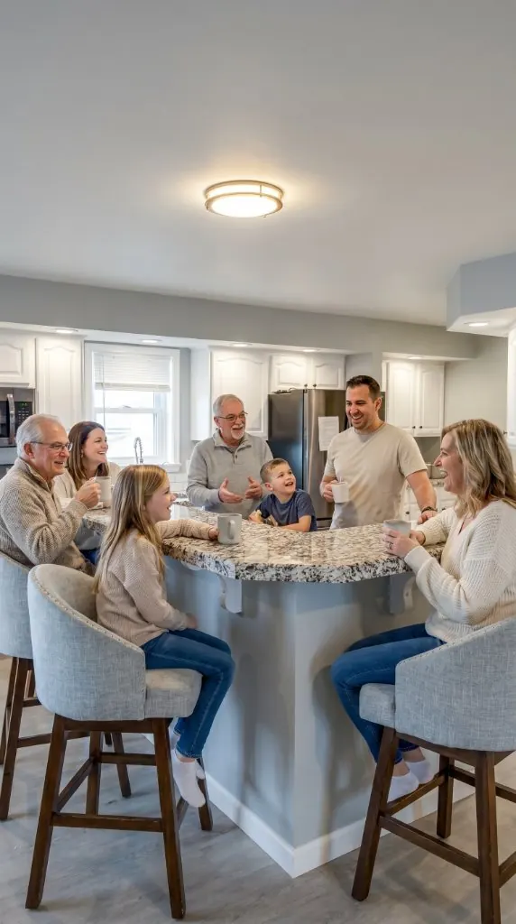 Three generations gathered around the kitchen island during meal prep