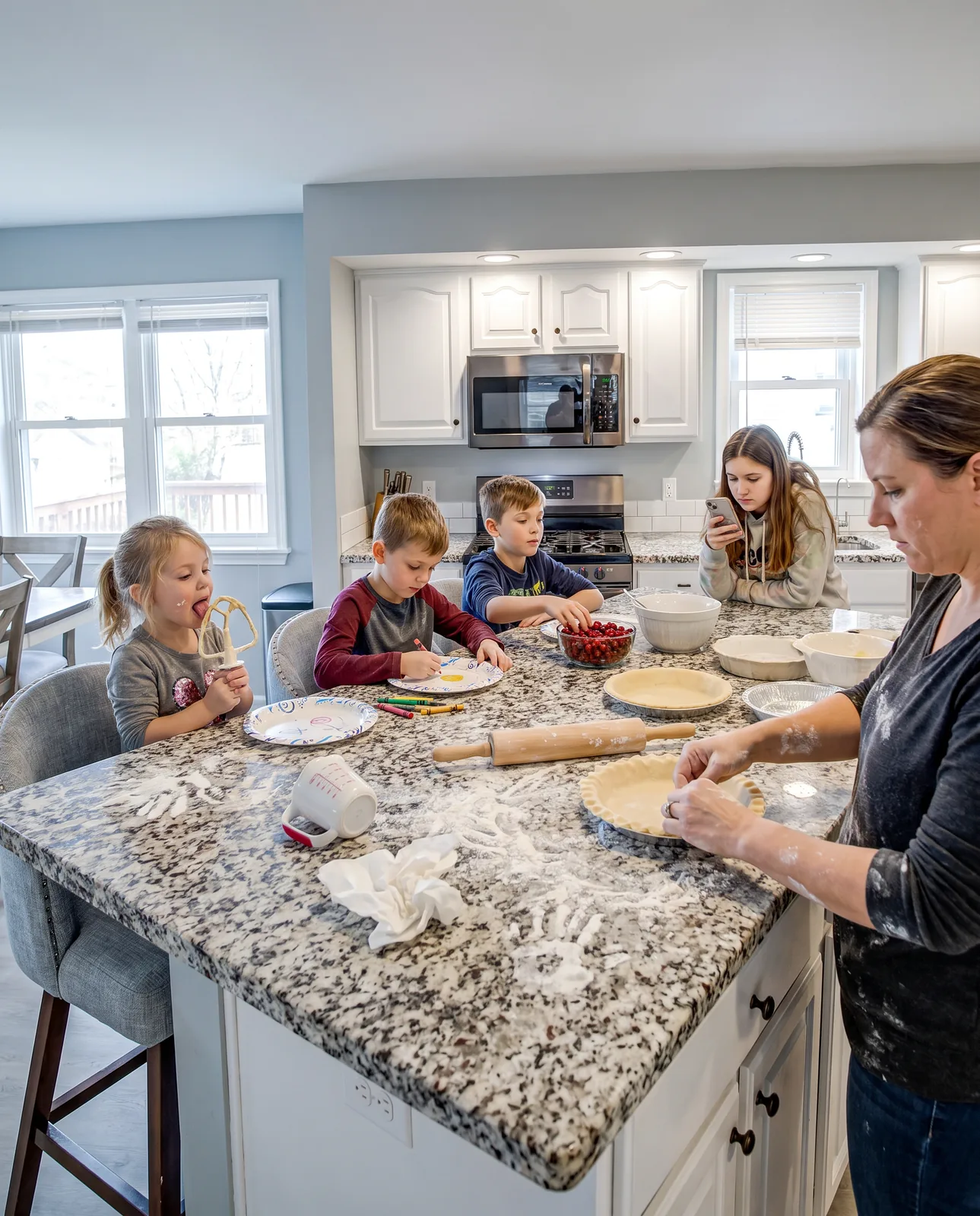 Children baking at the kitchen island