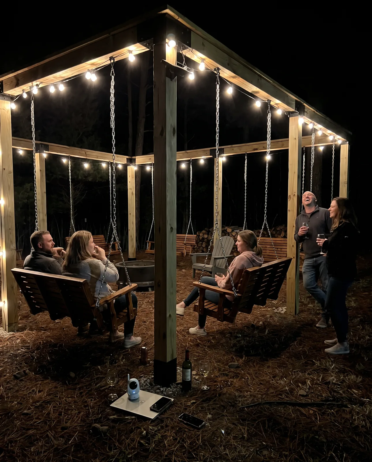 The pergola lit with string lights at night
