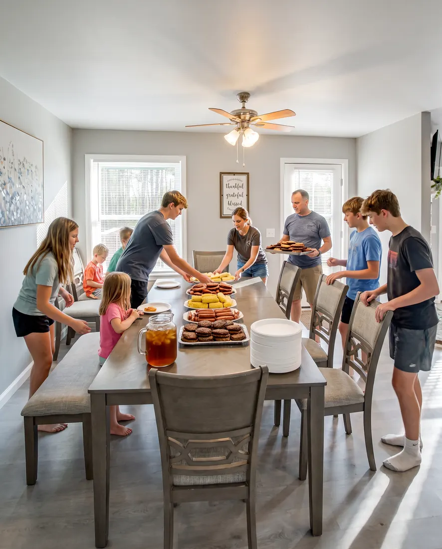 A family serving dinner at the long table